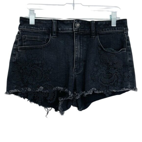 AE American Eagle Hi Rise Shortie Shorts Womens 8 Black‎ Lace Cut Off Denim - Picture 1 of 10